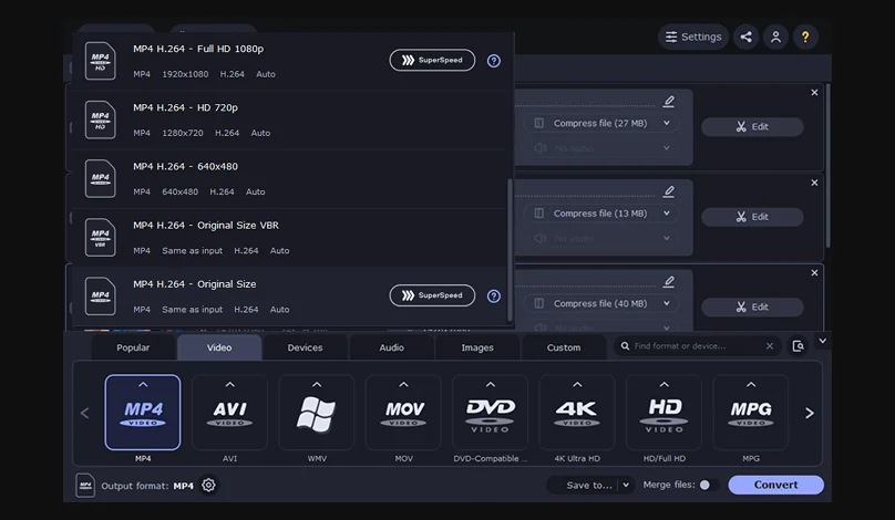 movavi video converter format selection screenshot