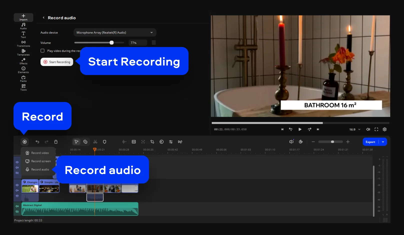 Record a voiceover in the Movavi real estate video maker