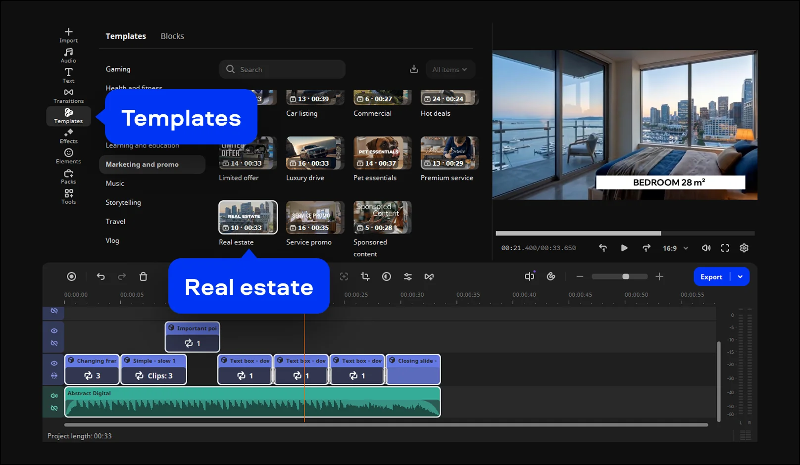 Select the real estate video template in Movavi Video Editor