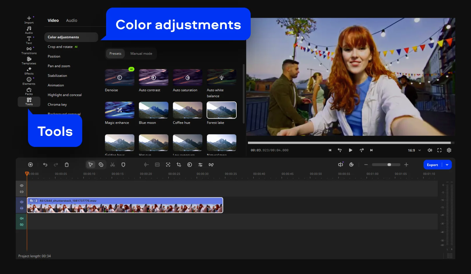 Stabilize shaky videos and apply color presets