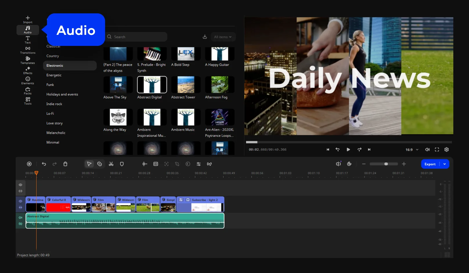 Change music in the Movavi news video template