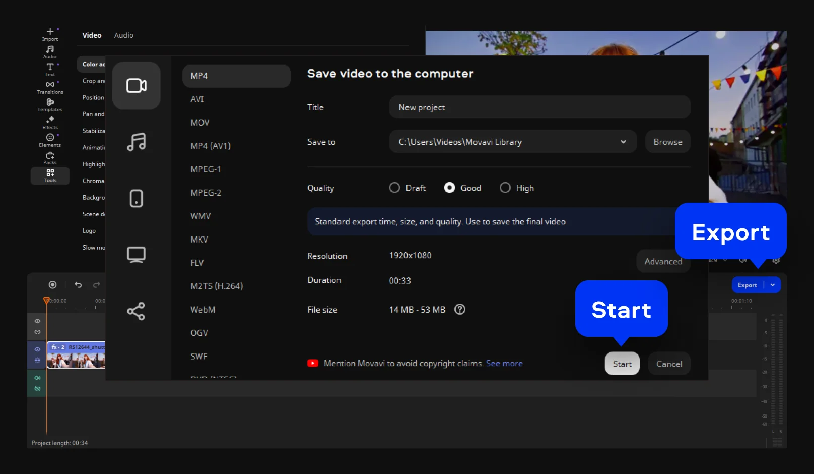 Export your video in Movavi's video stabilizer