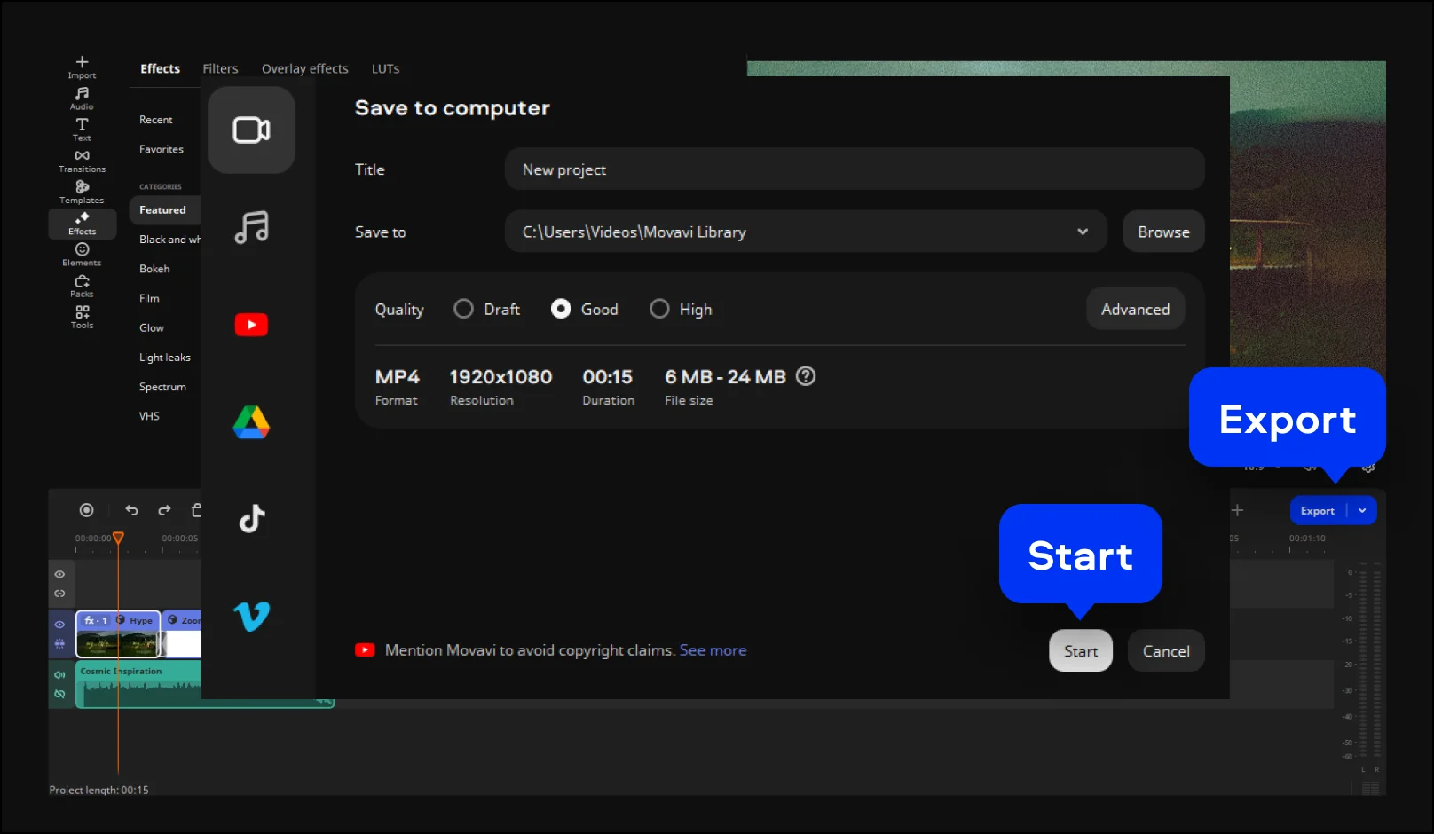 Export video in Movavi Video Editor