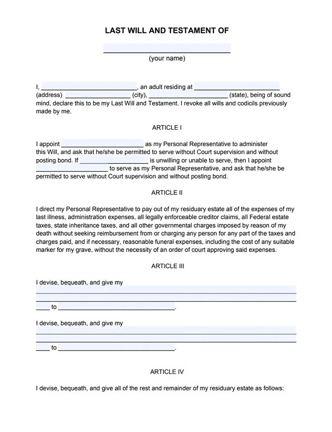Last will and testament template - page 1