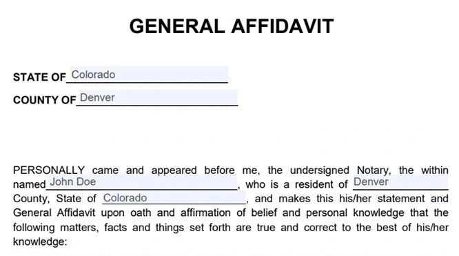 Completed general affidavit form