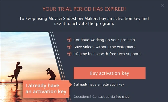 Trial expired window in the Movavi program