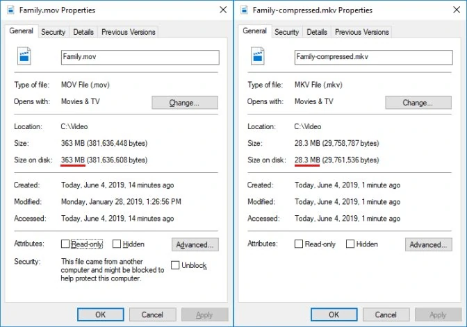 The video properties before and after the Avidemux compression