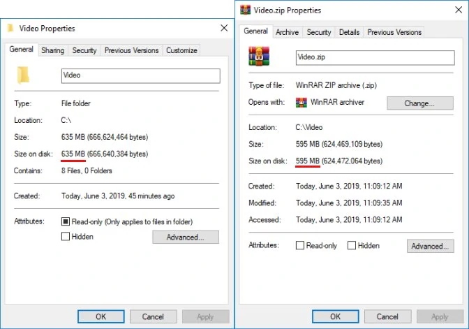 The video properties before and after the 7-Zip compression